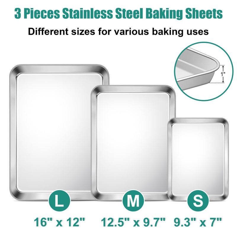 TeamFar Baking Sheet Set of 3, 16/12.5/9.3 Inch Stainless Steel Cookie Sheets Baking Pans, Metal Oven Baking Tray for Cooking Roasting Serving, Non-Toxic & Mirror Finish & Dishwasher Safe - Image 2